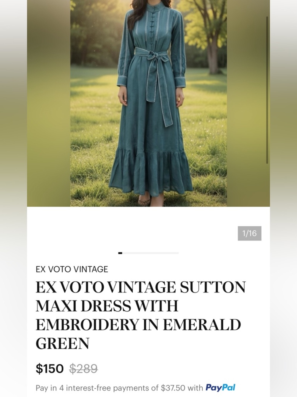 EX VOTO Sutton Cotton Embroidered Emerald Green Belted Maxi Dress NWT $289 - Picture 7 of 8